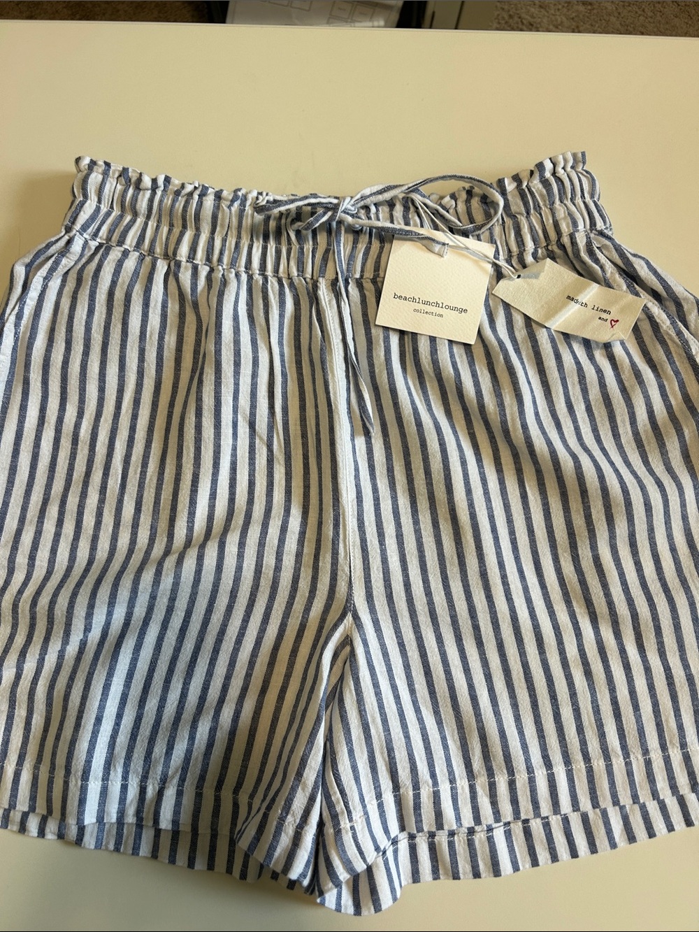 beachlunchlounge Navy and White Striped Linen Drawstring Shorts